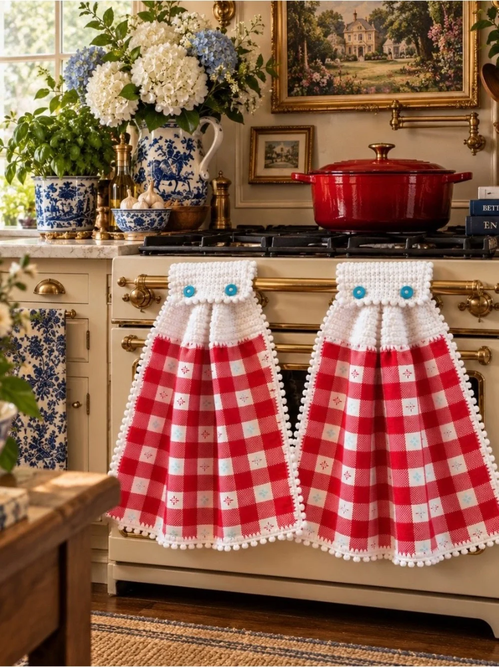 Pioneer Woman Crochet Hanging Kitchen Towels Pair Red Check